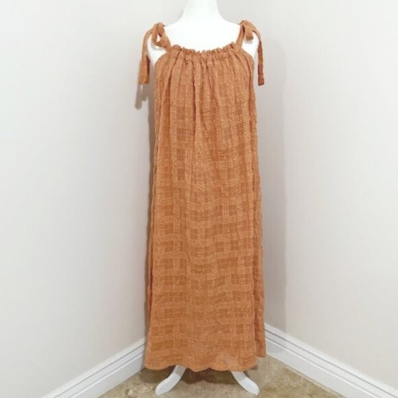 By Together Maxi Sun Dress Tie Shoulder Straps Terracotta Crinkle Fabric Size S - Picture 1 of 6